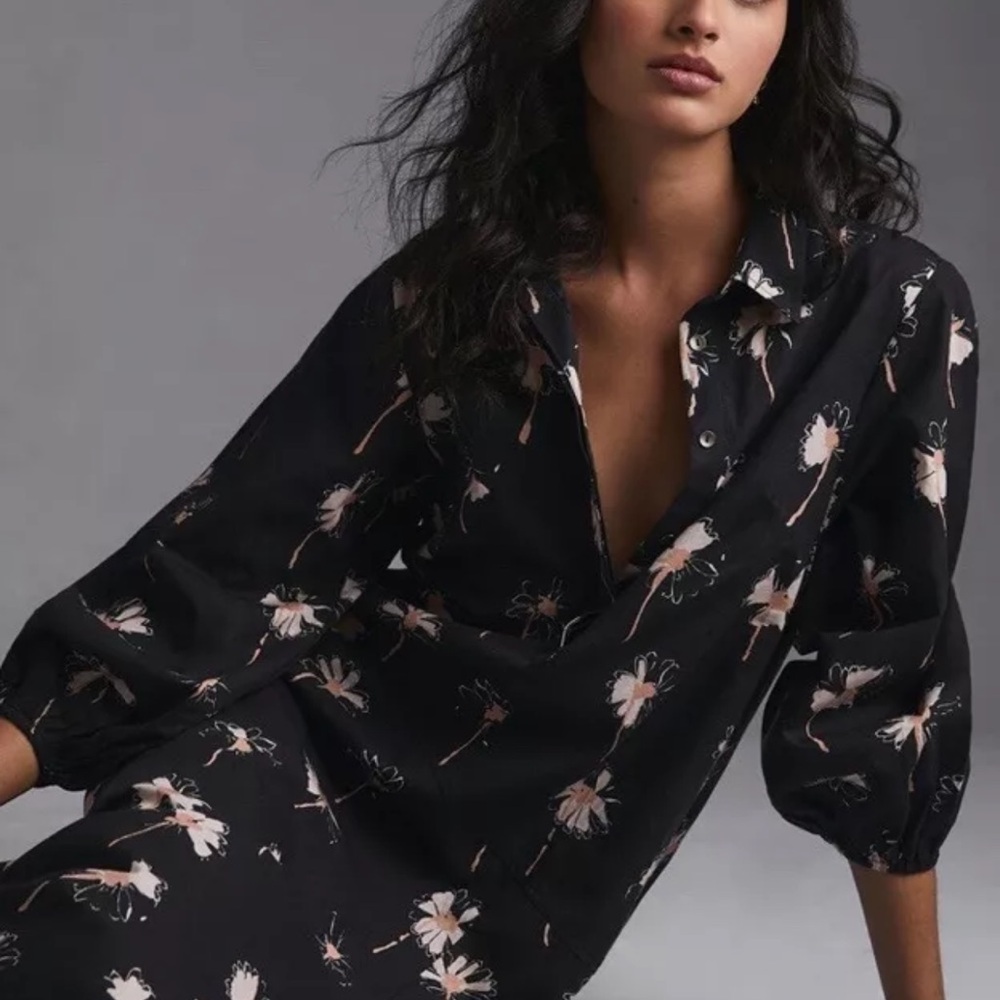 Anthropologie Maeve Button Front Asymmetrical Dress Maxi Daisy Print Black Tan - Picture 4 of 7